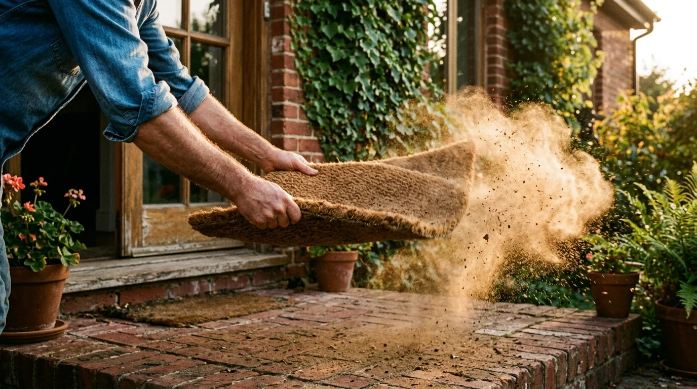 A warm, sunlit 35mm film photograph of a person shaking out a woven doormat, releasing a cloud of dust in the golden hour light.