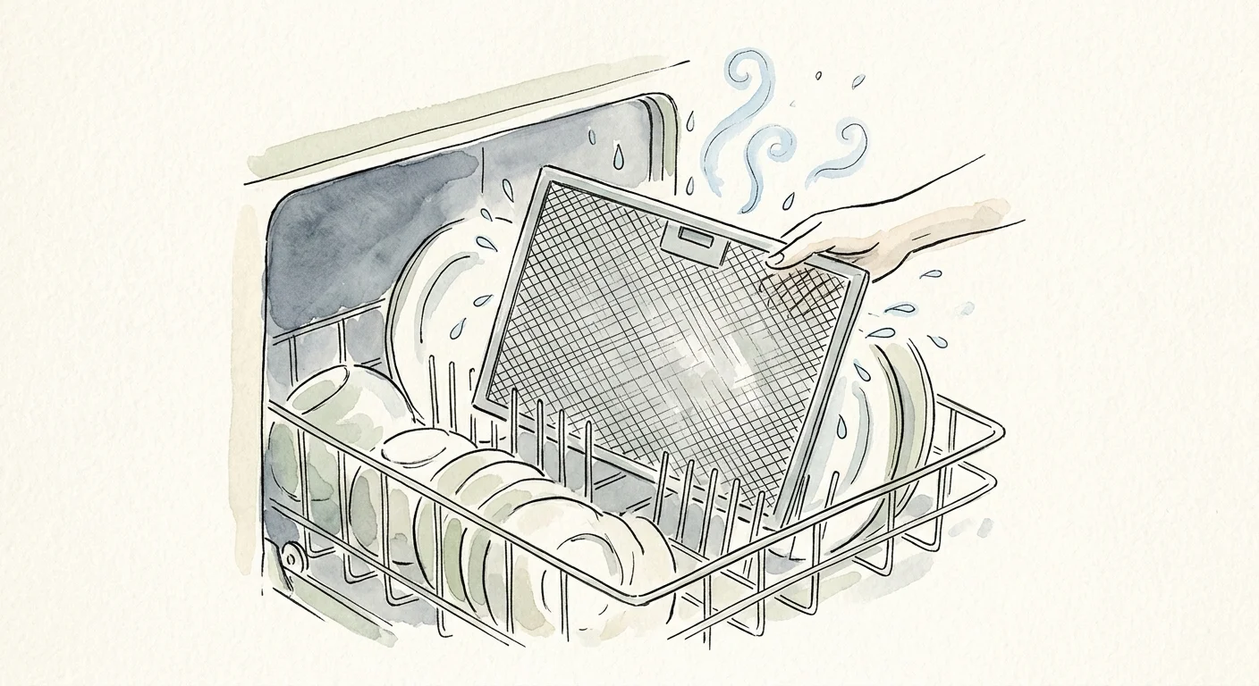 A watercolor and ink drawing of a metal range hood filter being placed flat on the bottom rack of a dishwasher.