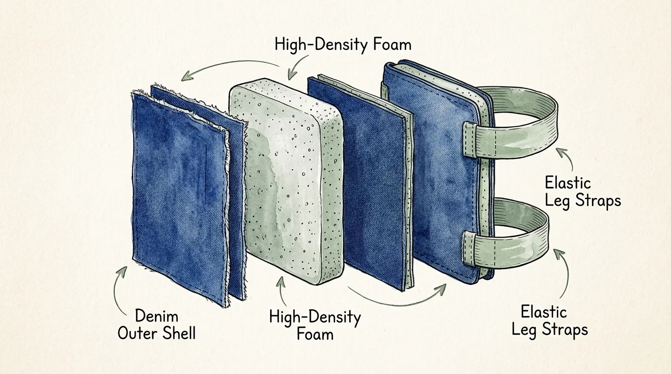 A watercolor diagram showing the layers of a homemade gardening knee pad: two denim rectangles enclosing a foam block.