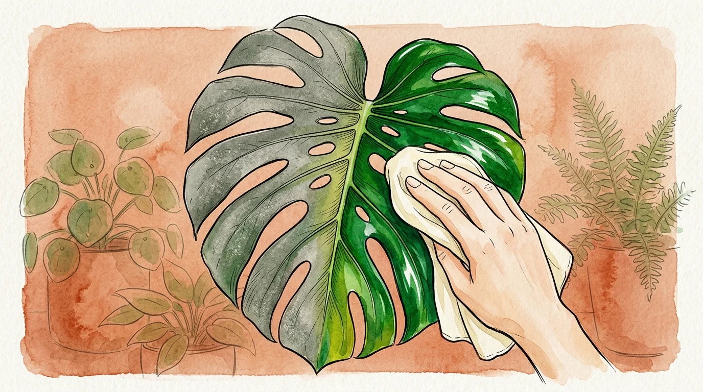 A watercolor illustration of a hand wiping a dusty Monstera leaf to reveal a glossy, clean green surface.