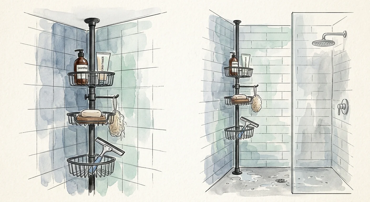 A watercolor illustration of a matte black tension pole shower caddy tucked into a tiled bathroom corner.