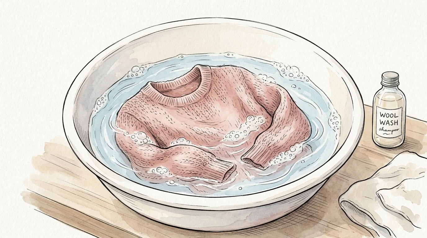 A watercolor illustration of a pink cashmere sweater soaking in a sudsy basin of water.