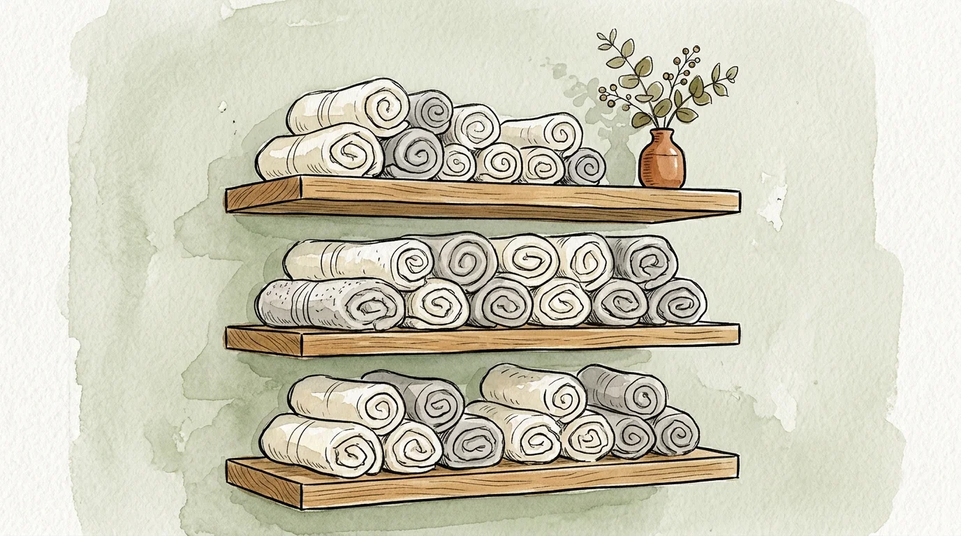A watercolor illustration of three wooden floating shelves mounted on a green wall, holding neatly rolled towels.