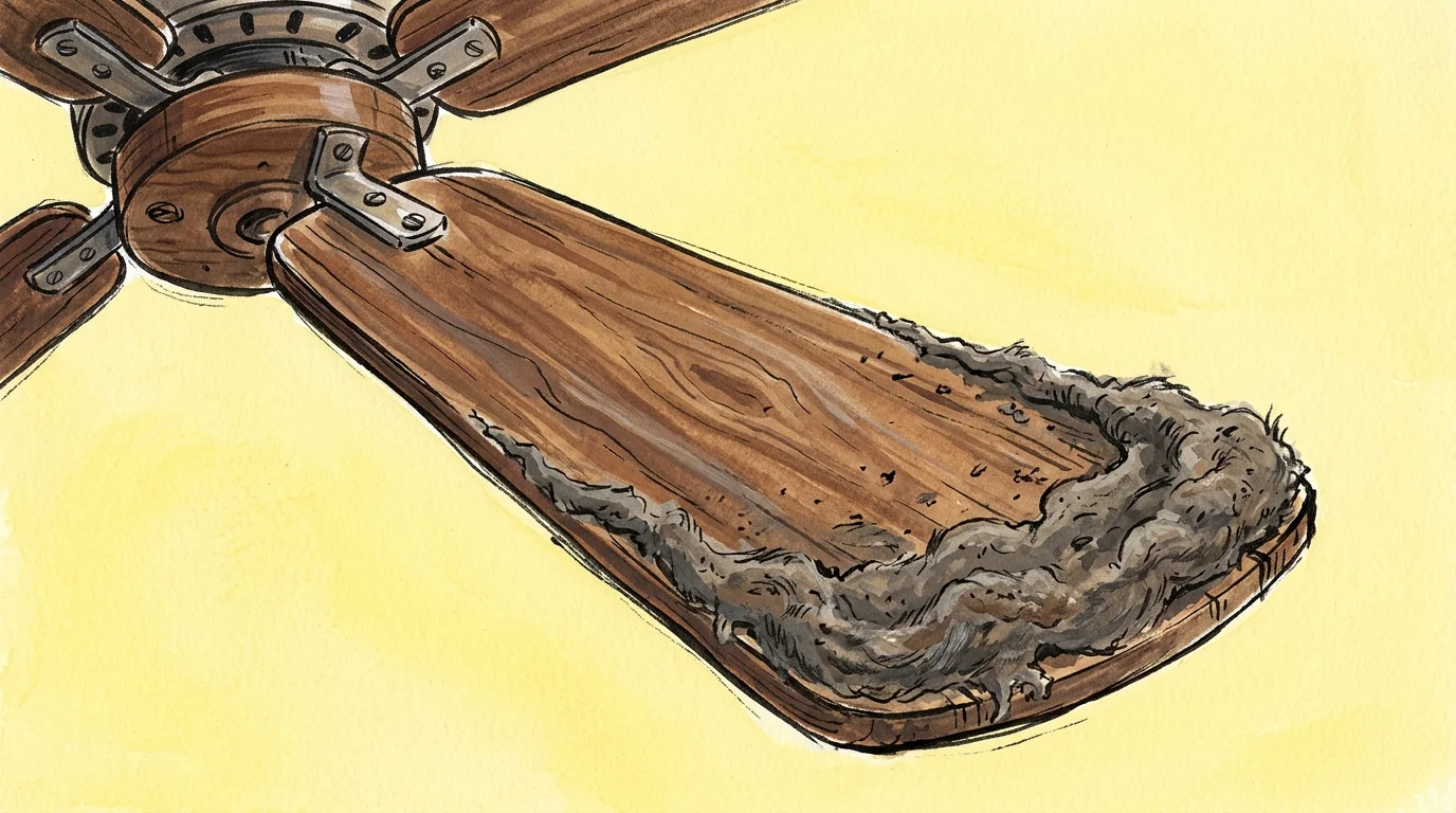 A whimsical gouache illustration of a single ceiling fan blade with a thick, funny layer of gray dust caked on its edge.