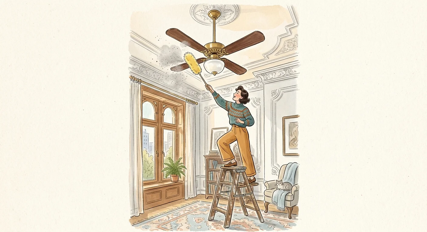 A whimsical illustration of a person on a wooden step stool dusting a high wooden ceiling fan with a yellow duster.
