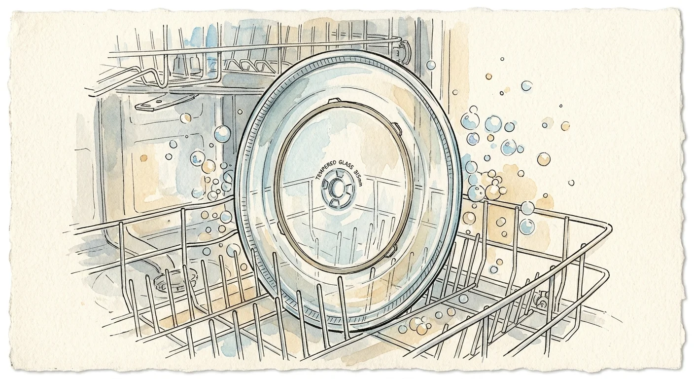 A whimsical watercolor sketch of a round glass microwave turntable standing upright in a dishwasher rack.