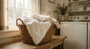 A woven laundry basket overflowing with fresh, plush white towels and linen sheets sitting on a rustic wooden bench in a sunlit room.