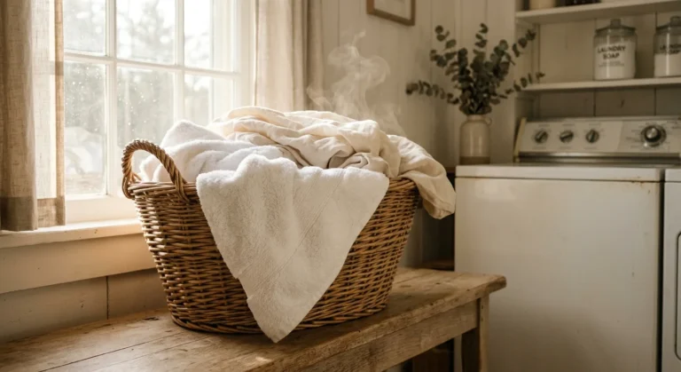 A woven laundry basket overflowing with fresh, plush white towels and linen sheets sitting on a rustic wooden bench in a sunlit room.
