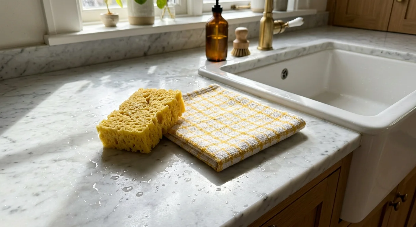 A yellow sponge and a folded yellow-and-white grid kitchen towel sitting on a wet marble countertop next to a white ceramic sink.