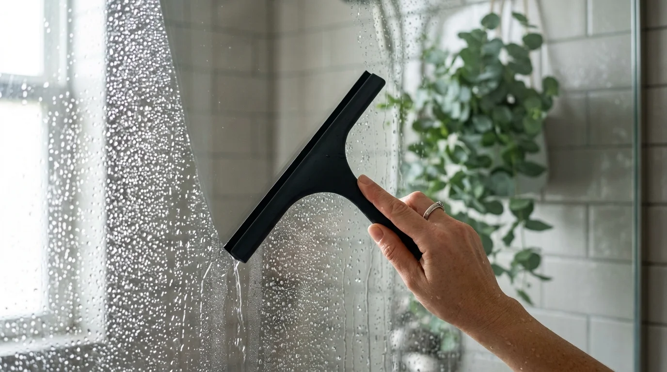 Action photo of a hand using a sleek black squeegee to swipe away water droplets from a glass shower door.