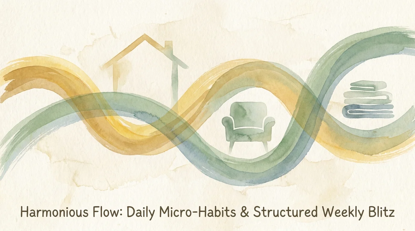 An abstract gouache illustration showing two winding paths of gold and sage green flowing harmoniously through minimalist home shapes.