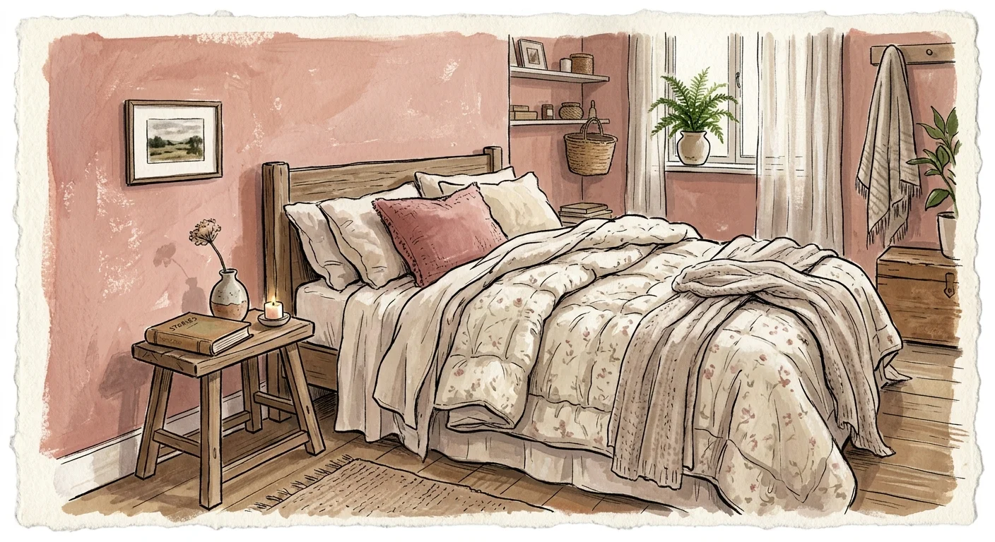 An artistic gouache illustration of a cozy bedroom with gentle, chalky dusty pink walls and plush cream bedding.