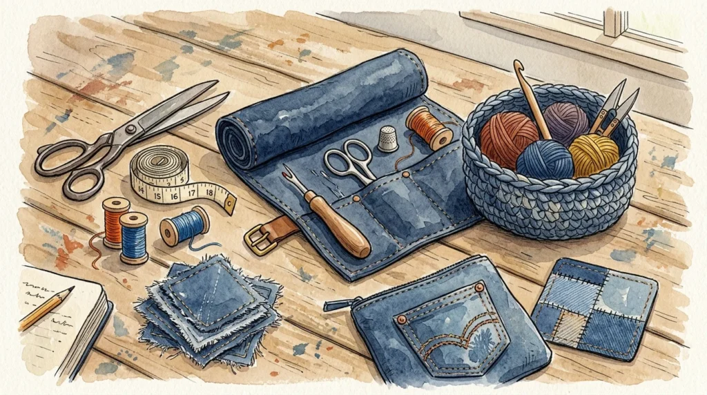 An artistic watercolor and ink illustration of upcycled denim crafts, including a tool roll and a woven basket, on a wooden work table.