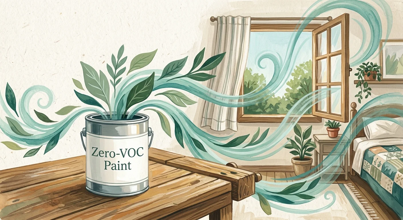 An editorial gouache illustration showing fresh green leaves swirling out of a Zero-VOC paint can next to an open window.