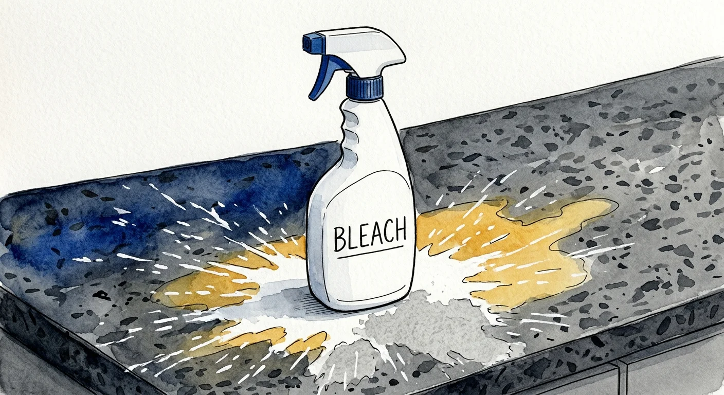 An editorial illustration of a bleach bottle stripping the yellow sealant layer off a stone counter.