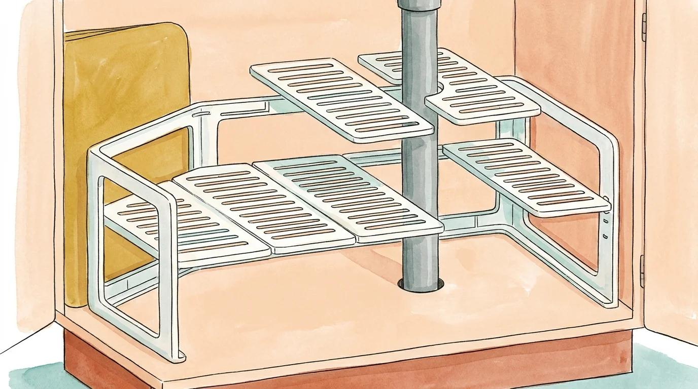An editorial illustration of an expandable shelving unit with removable panels that adjust around vertical plumbing pipes.