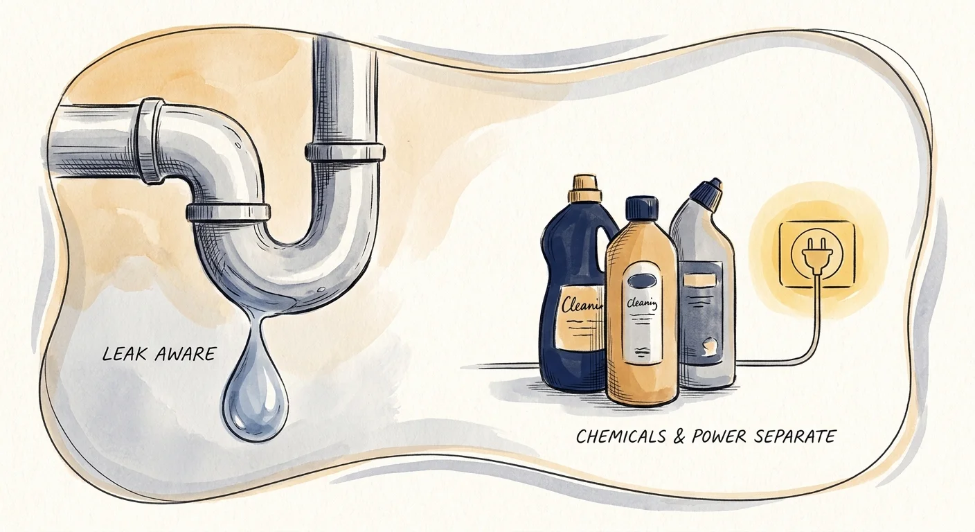 An editorial illustration showing a clean pipe joint with a water droplet next to safely stored cleaning bottles.