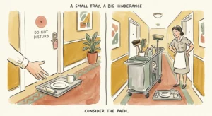 An editorial illustration showing a hotel room service tray blocking a hallway, highlighting hotel etiquette mistakes in a friendly style.