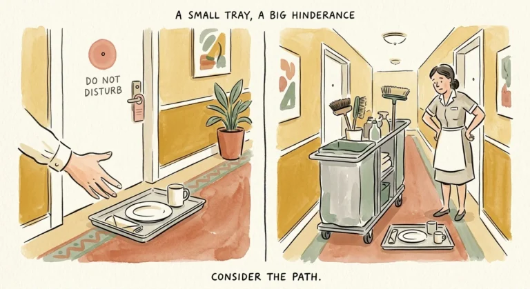 An editorial illustration showing a hotel room service tray blocking a hallway, highlighting hotel etiquette mistakes in a friendly style.