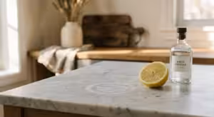An editorial photograph of a white marble countertop with a lemon slice and a cloudy acid etch mark.