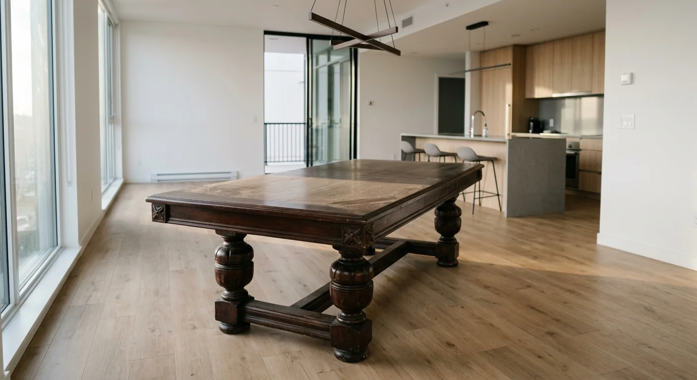 An empty, heavy dark wood antique dining table sitting awkwardly in a bright, modern minimalist apartment.