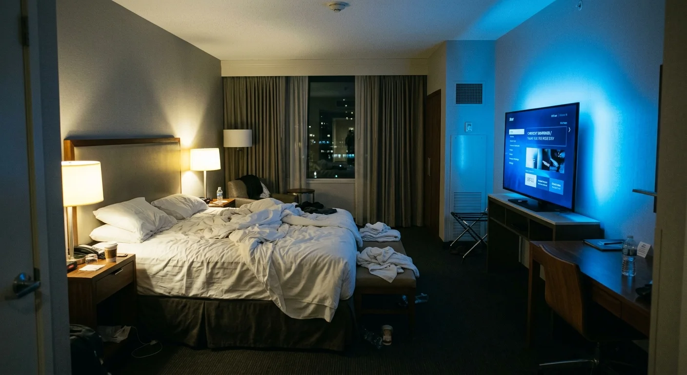 An empty hotel room with a glowing blue TV screen and bright bedside lamps left on after checkout.