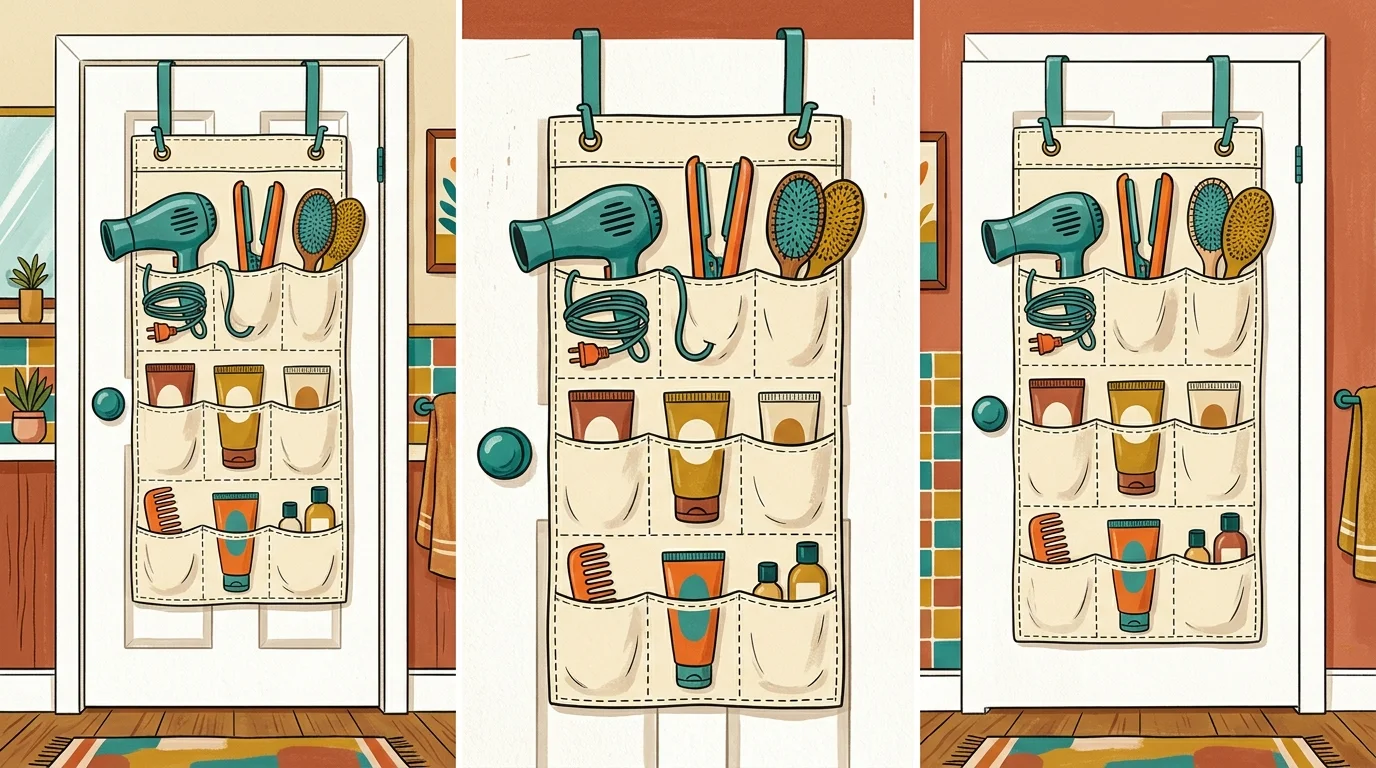 An illustration of a canvas over-the-door organizer holding grooming tools like a hair dryer and brushes.
