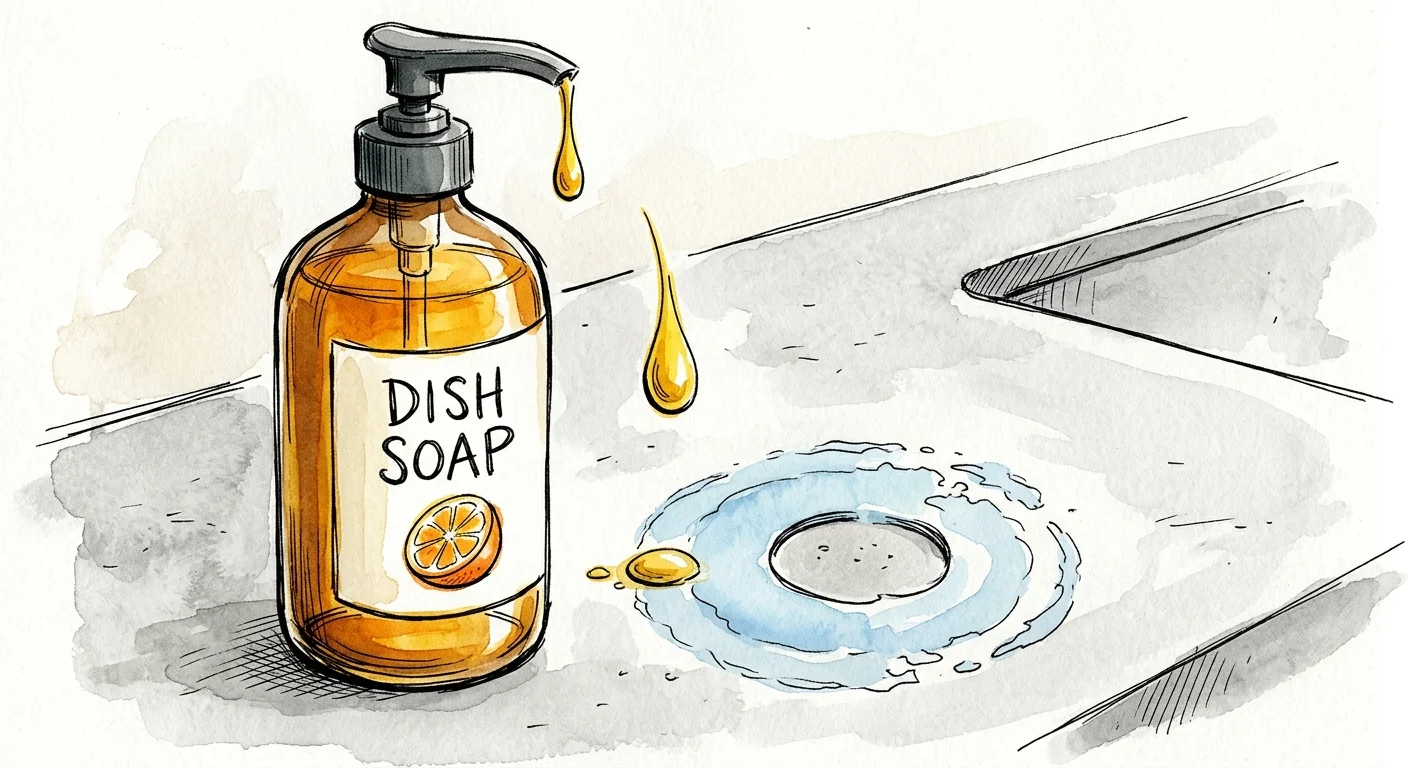 An illustration of a dish soap bottle dripping soap that dissolves a protective countertop sealant.