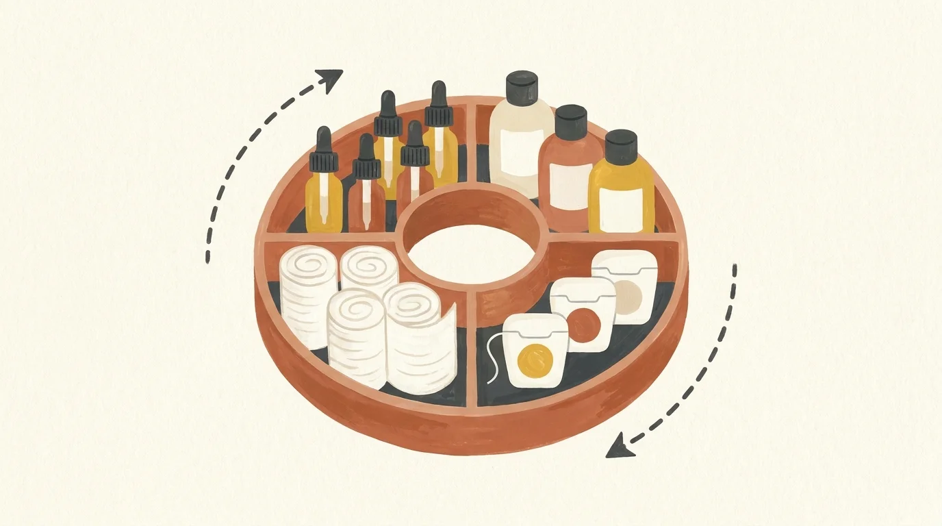 An illustration of a divided rotating turntable organizing various small cosmetic jars and dropper bottles.