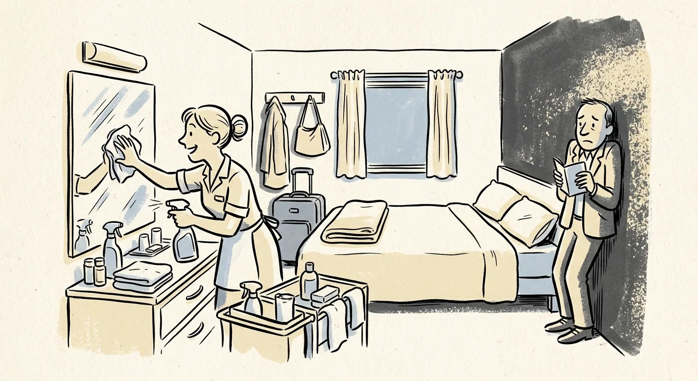 An illustration of a guest standing awkwardly in a corner while a housekeeper cleans the hotel room.