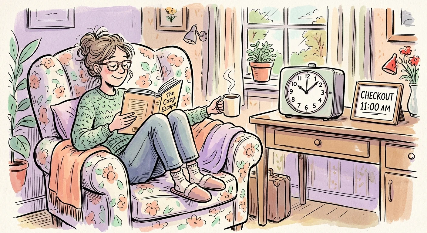 An illustration of a hotel guest relaxing past checkout time, with a clock showing 11:15 AM next to an 11:00 AM checkout sign.