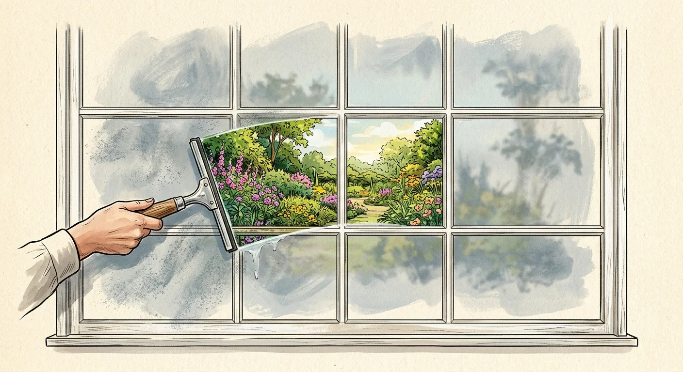 An illustration of a squeegee wiping a dusty window, revealing a vibrant green garden through the clean glass streak.