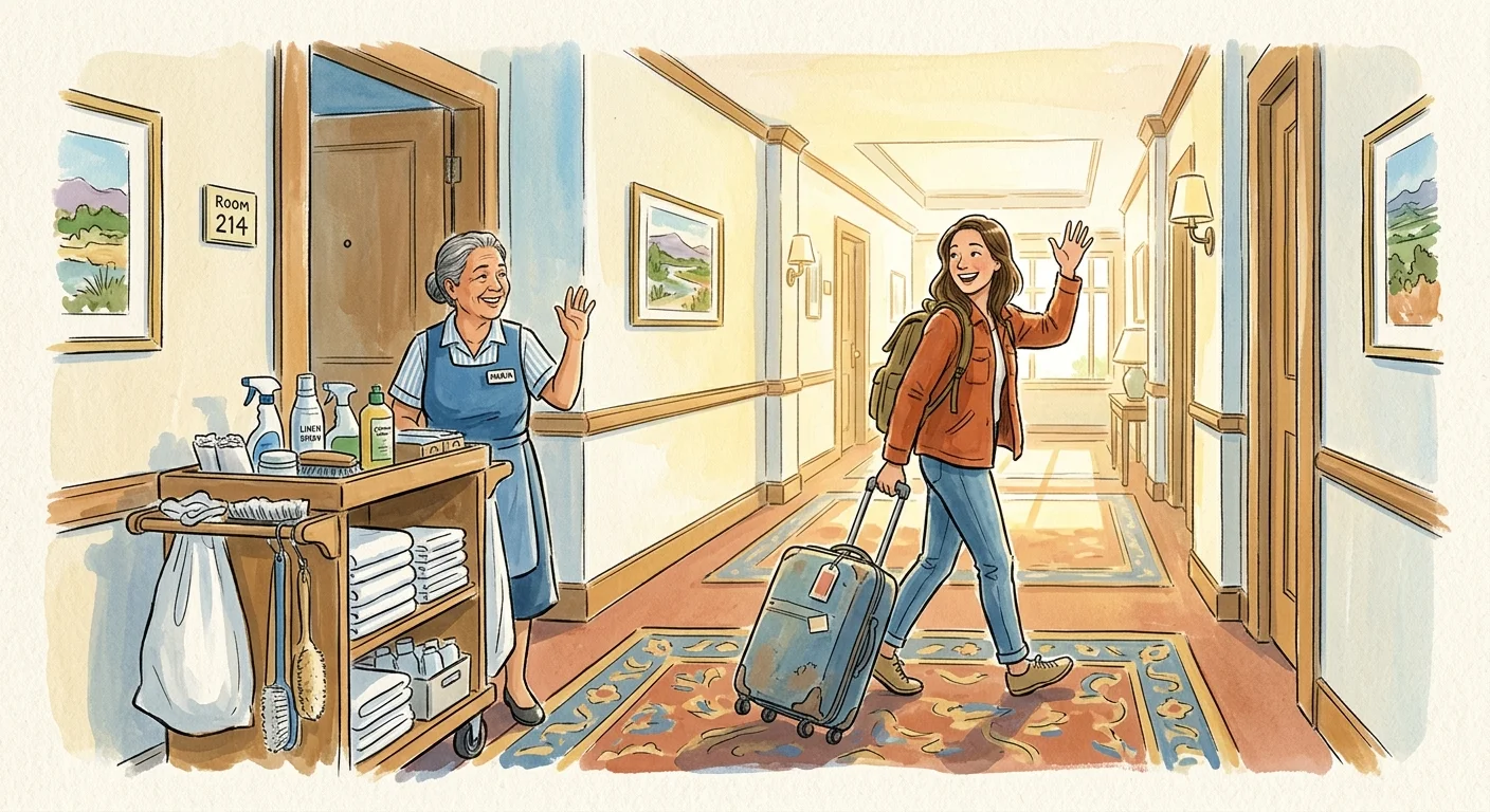 An illustration of a traveler waving a warm goodbye to a hotel housekeeper in a bright hallway.