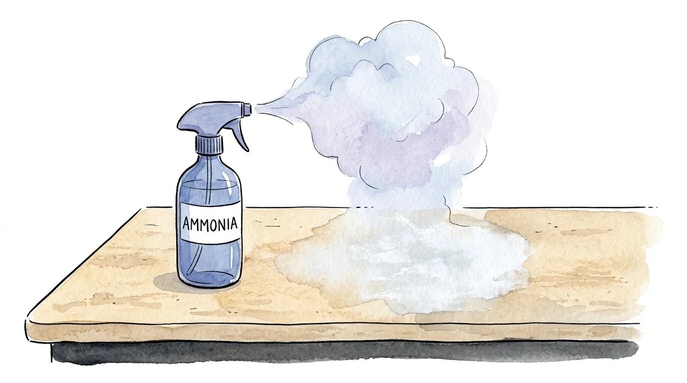 An illustration of an ammonia spray bottle releasing a mist that dulls a travertine countertop.