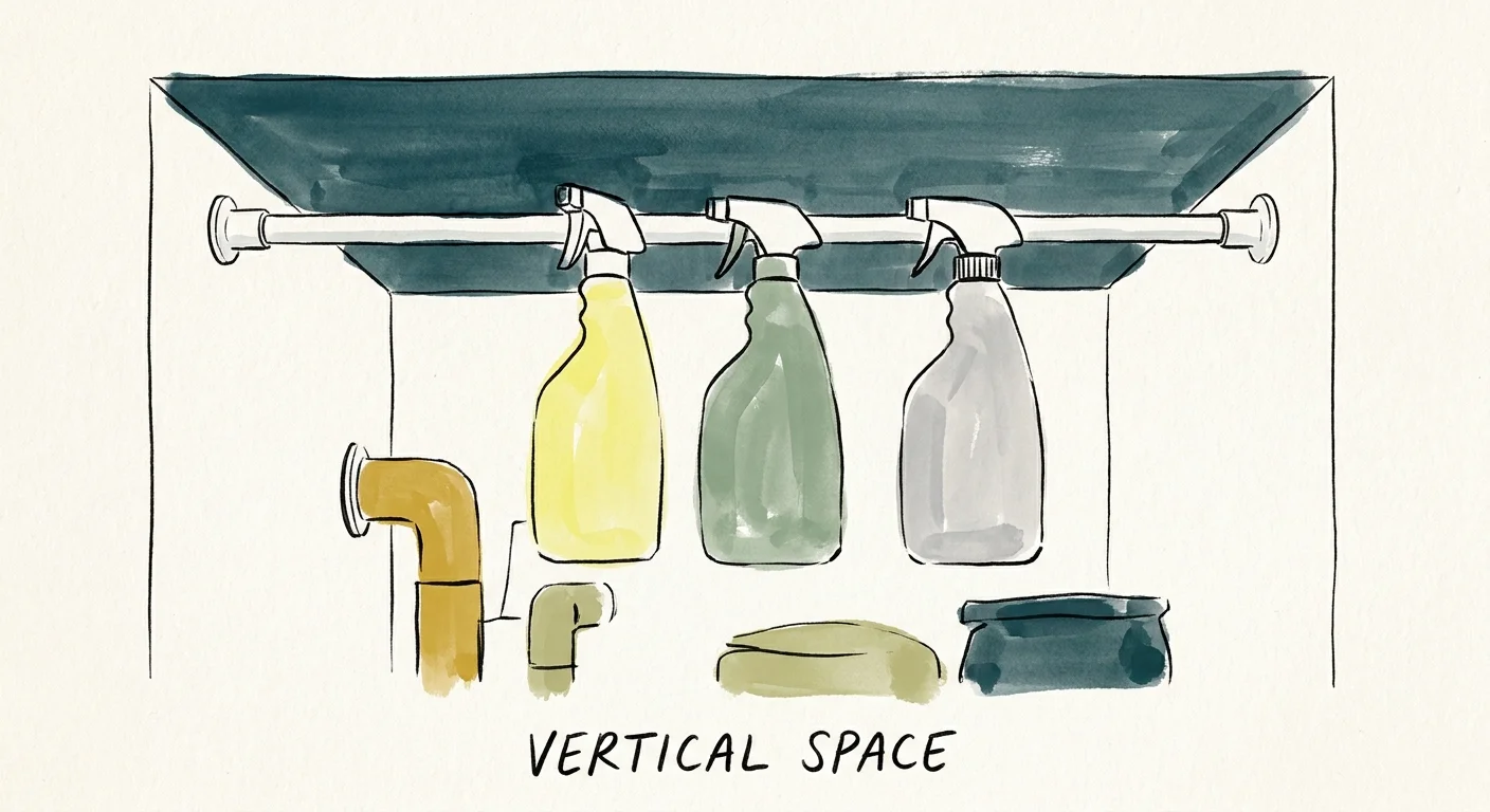 An illustration of cleaning spray bottles hanging by their triggers from a tension rod installed under a sink.