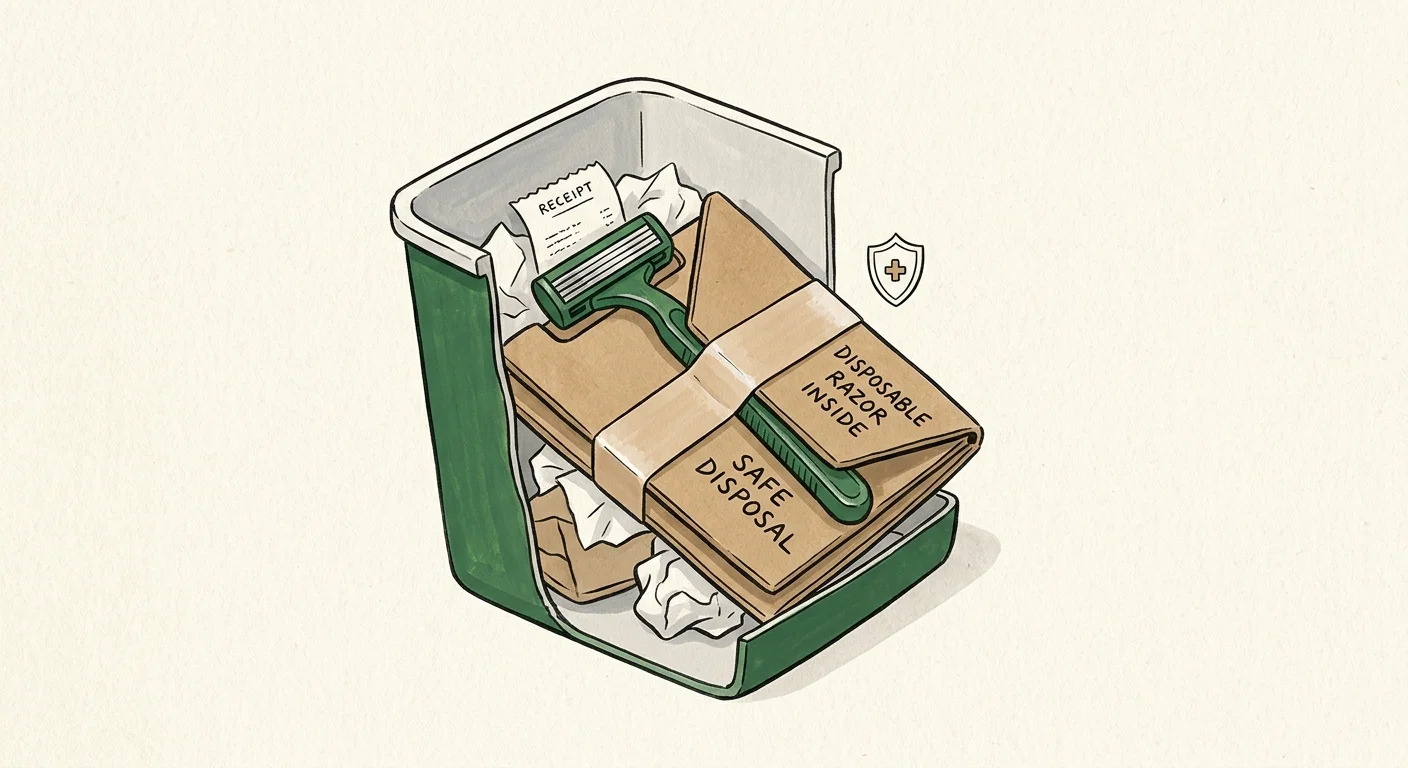 An illustration showing a disposable razor safely wrapped in cardboard inside a hotel trash can.