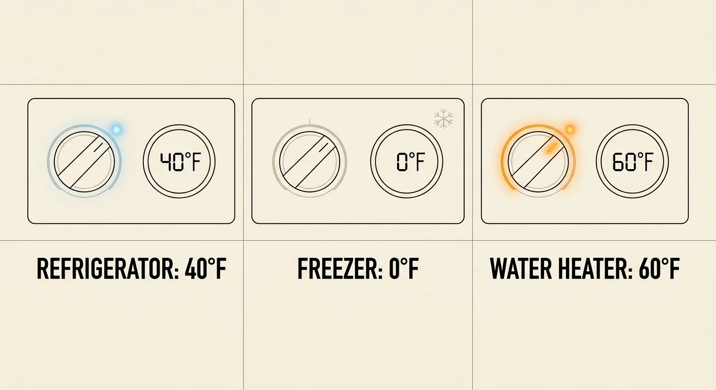 An infographic diagram comparing travel settings: Refrigerator at 40 degrees, Freezer at 0 degrees, and Water Heater at 60 degrees.