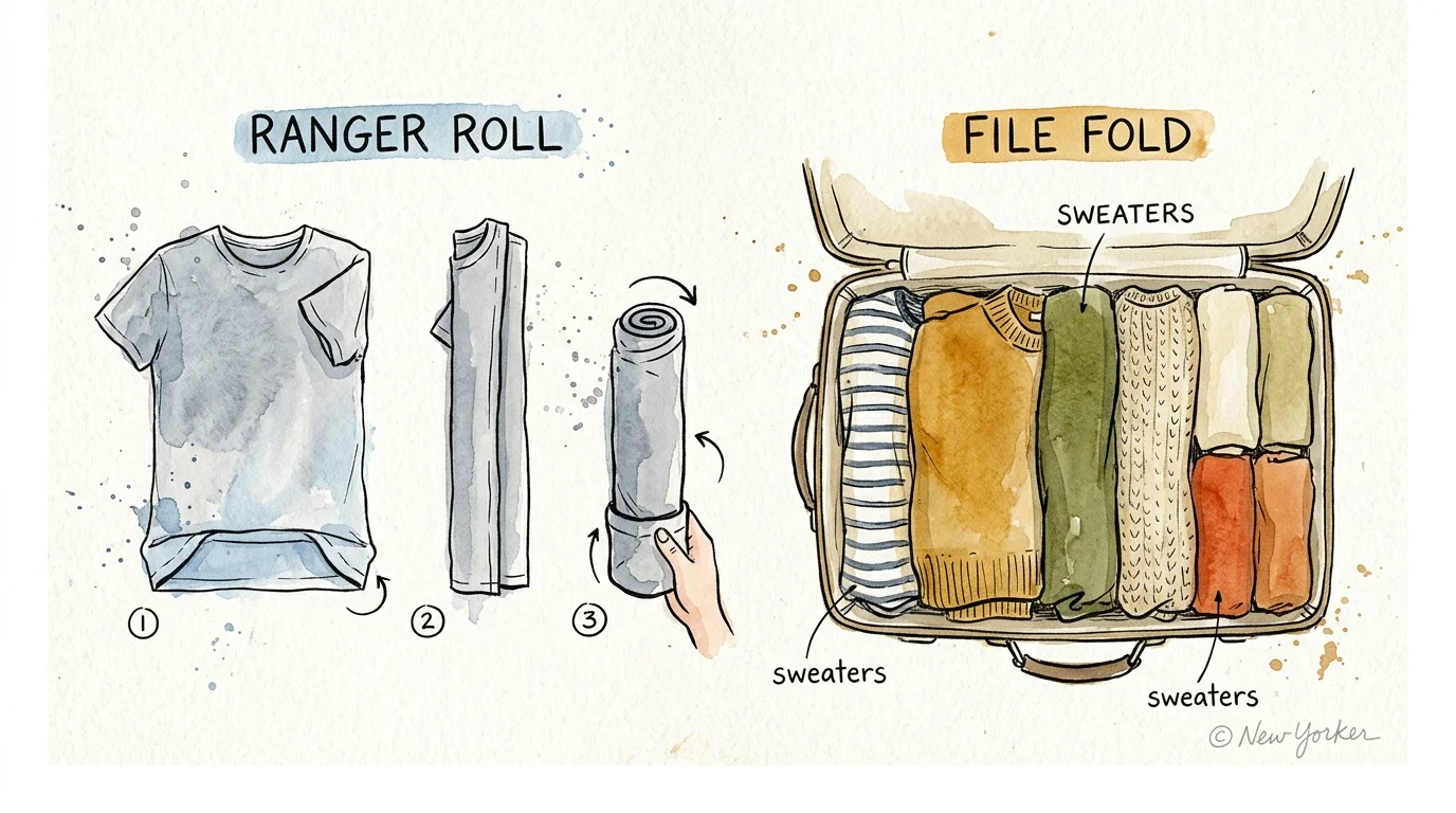 An ink and watercolor illustration demonstrating the step-by-step Ranger Roll shirt technique and file-folded sweaters.