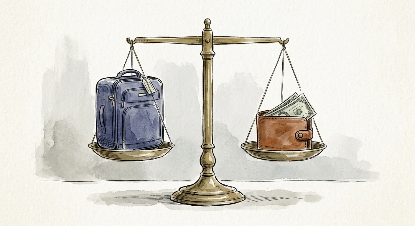An ink and watercolor illustration of a brass scale balancing a compact carry-on suitcase against a wallet with saved cash.