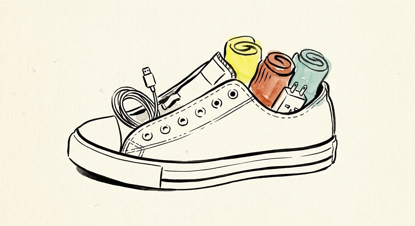An ink and watercolor illustration of a canvas sneaker stuffed with rolled socks and a charger cable to utilize dead space.