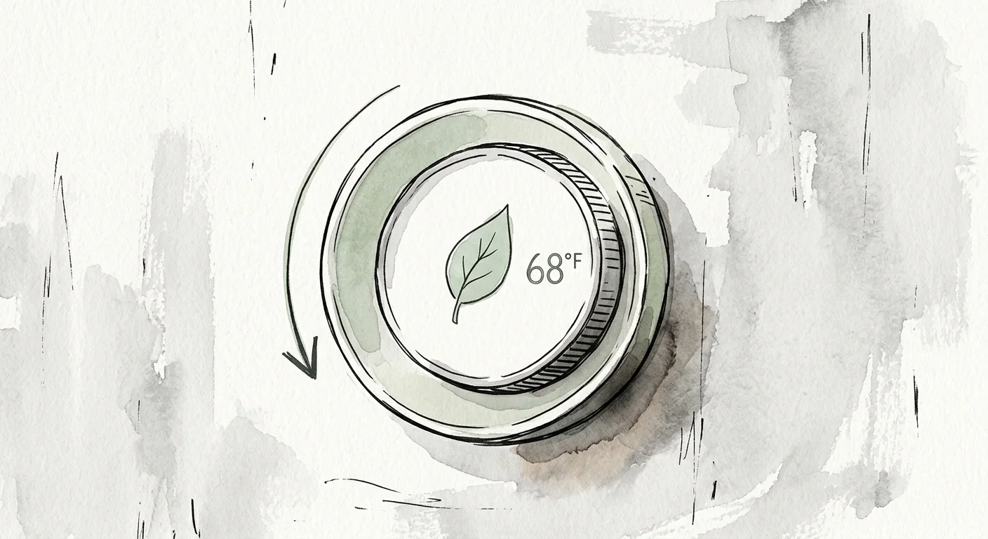 An ink and watercolor illustration of a circular smart wall thermostat showing a green leaf energy-saving icon.