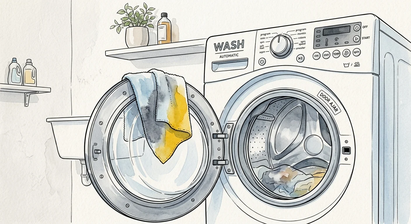 An ink and watercolor illustration of a front-loading washing machine door propped open with a folded cloth.
