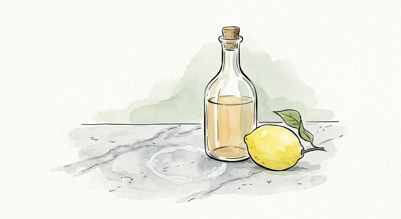 An ink and watercolor illustration of a vinegar bottle and lemon on a marble counter with an etch mark.