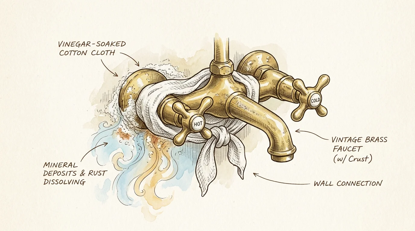 An ink and watercolor illustration of a vintage brass faucet wrapped in a vinegar-soaked cloth to dissolve mineral deposits.