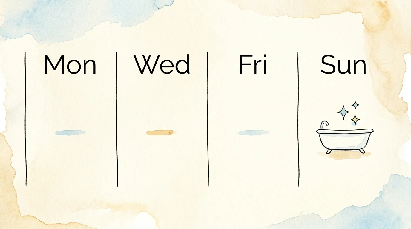 An ink and watercolor illustration of a weekly calendar showing a clean bathtub icon under Sunday's column.