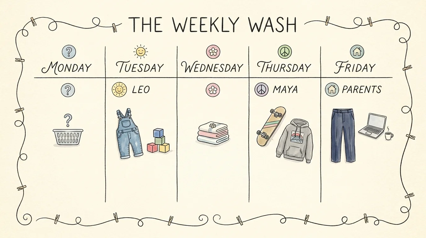 An ink and watercolor illustration of a weekly calendar showing different family members assigned to specific laundry days.