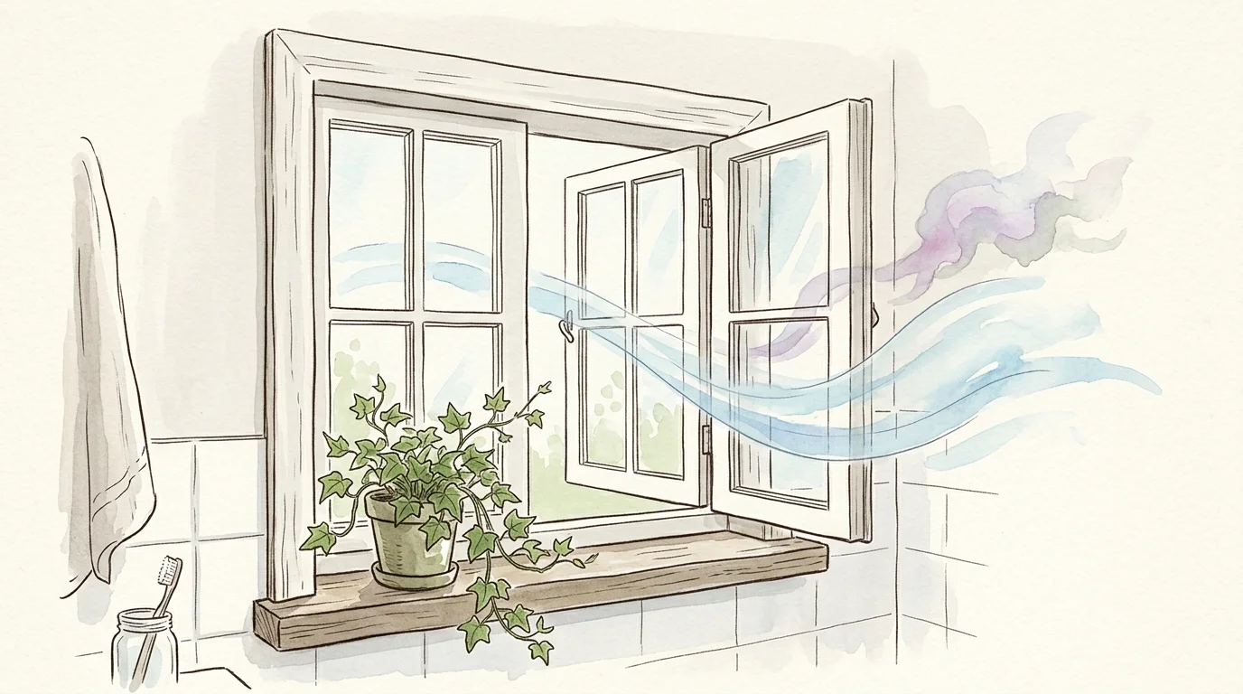 An ink and watercolor illustration of an open bathroom window with a gentle breeze blowing away faint, stylized vapors.