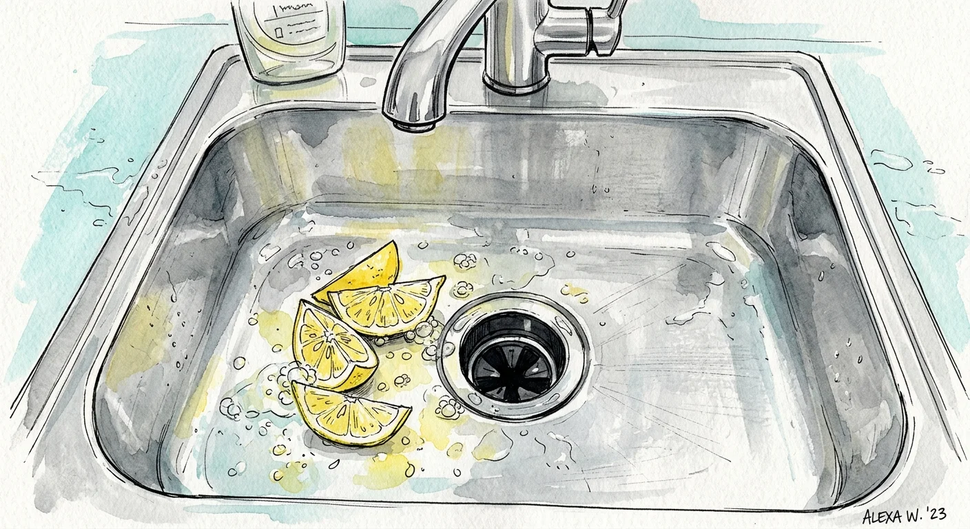 An ink and watercolor illustration of fresh lemon slices in a clean stainless steel kitchen sink near the garbage disposal.
