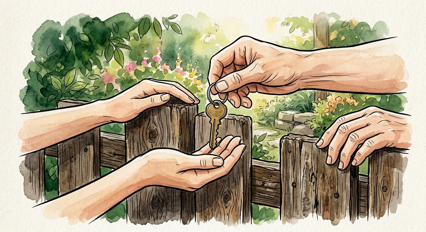 An ink and watercolor illustration of hands passing a house key over a rustic wooden garden fence.