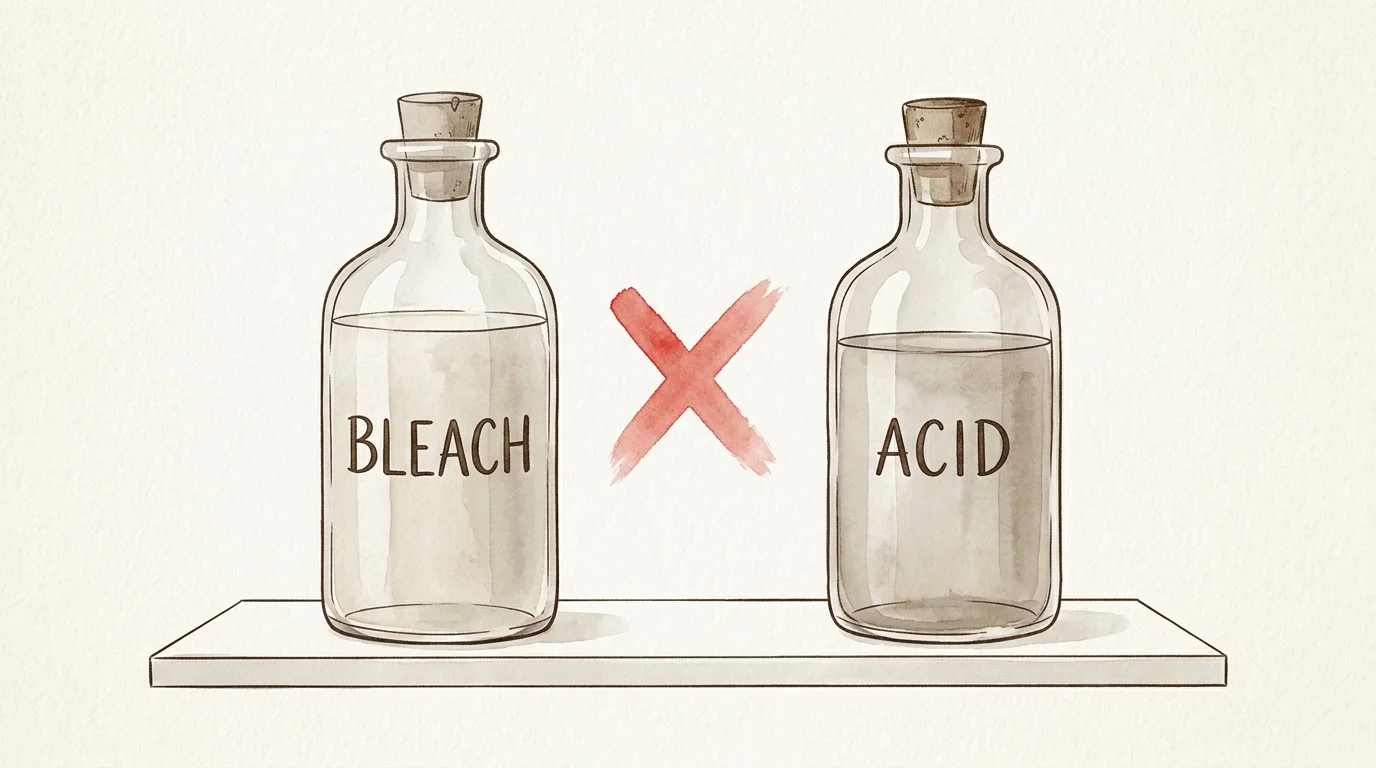 An ink and watercolor illustration of two bottles labeled 'BLEACH' and 'ACID' separated by a red X.
